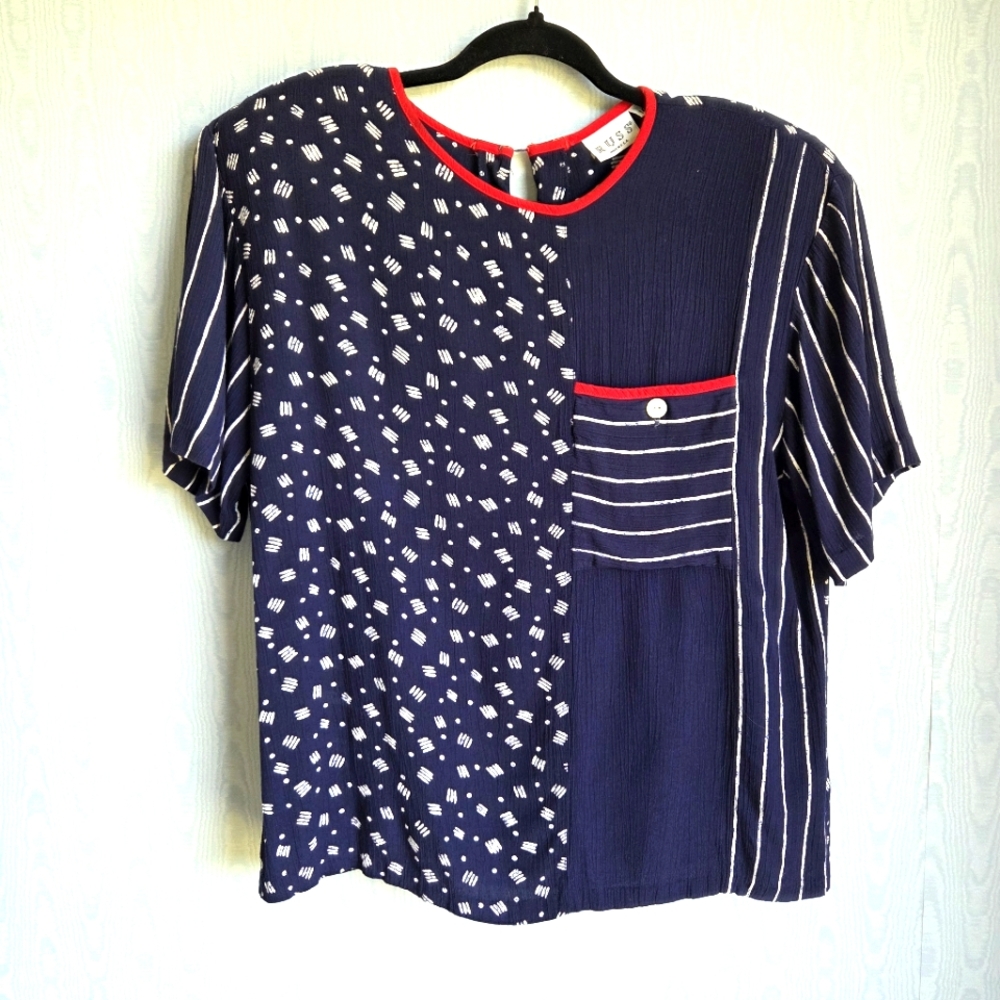 Vintage 90s Russ Union ILGWU USA Made Blouse 14 Navy‎ Red Abstract Short Sleeve